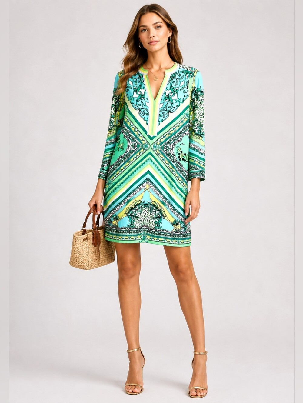 Hale Bob V-neck Mini Dress Green Blue Long Sleeve
